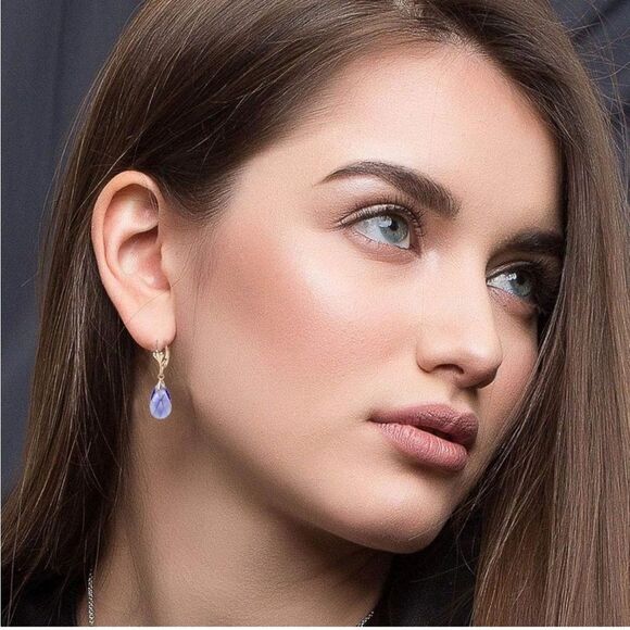 14K Yellow Gold with Tanzanite Austrian Crystal Teardrop Leverback Drop Earrings - Picture 4 of 5